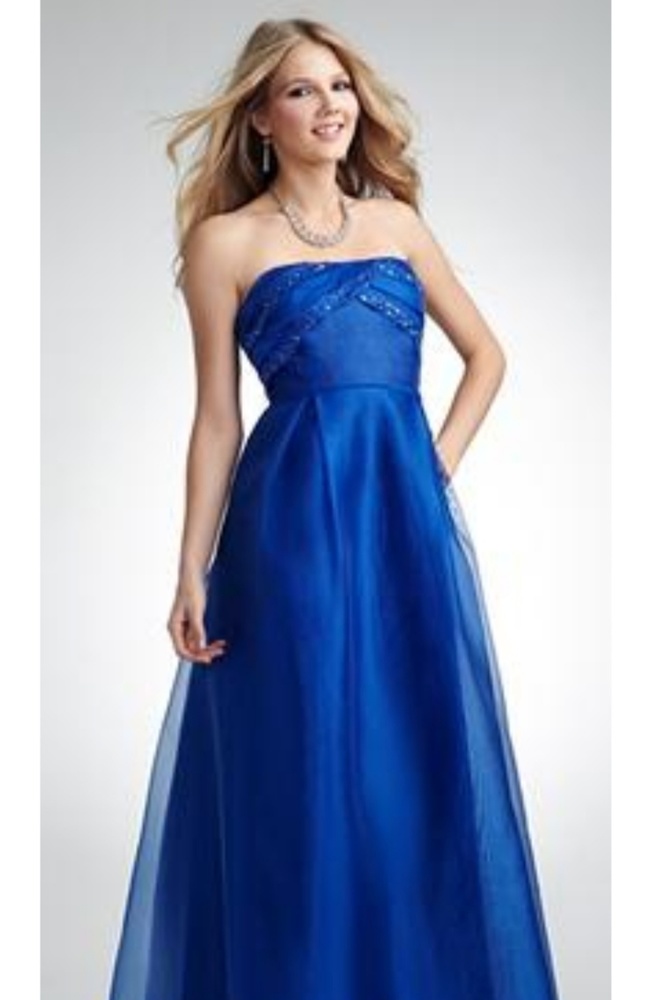 David's bridal blue strapless gown.